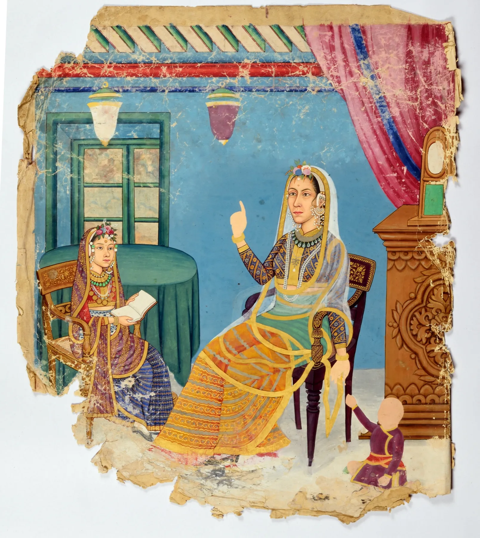 Archival Chitrakar painting of a seated woman in gold attire with an attendant, from the family's six-century artistic lineage